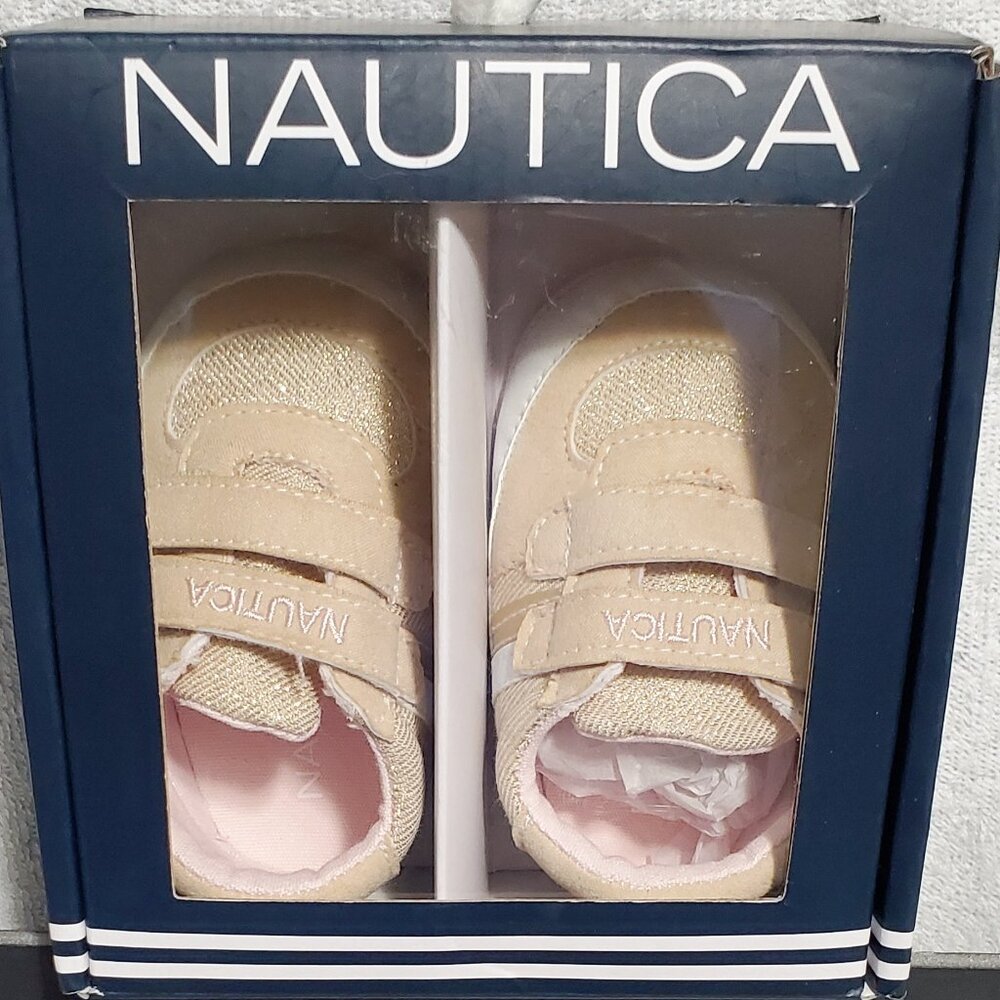 (SOLD OB FB) NAUTICA Baby Girl Pre-walker,Crib Sneakers "Tiny Hull" Camel & Gold - Picture 2 of 7